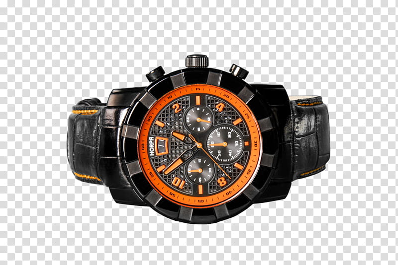 Black orange watch , round black and orange chronograph watch transparent background PNG clipart