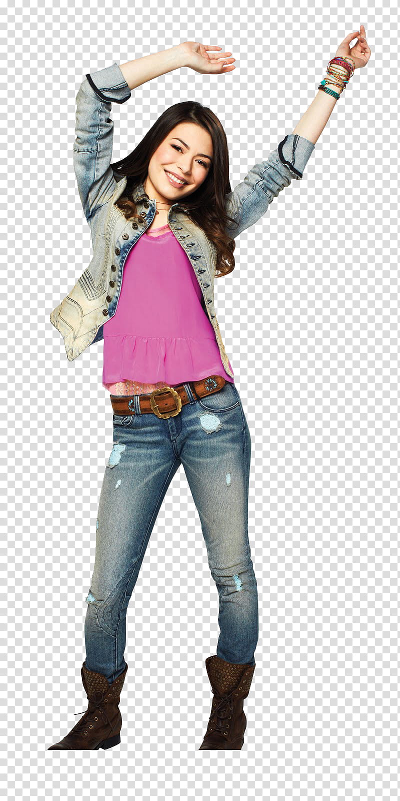 iCarly, woman wearing blue denim button-up jacket and distressed blue denim jeans transparent background PNG clipart