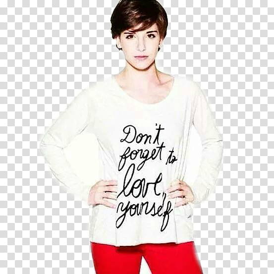 Violetta  Cast, woman in white long-sleeved shirt with dont forget to love yourself print transparent background PNG clipart