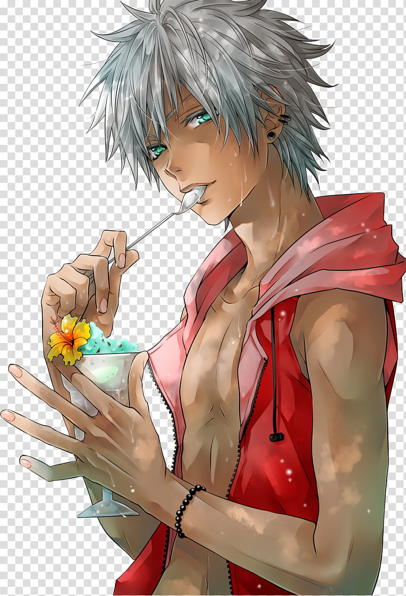 Anime Boy , silver-haired male character with red top transparent background PNG clipart