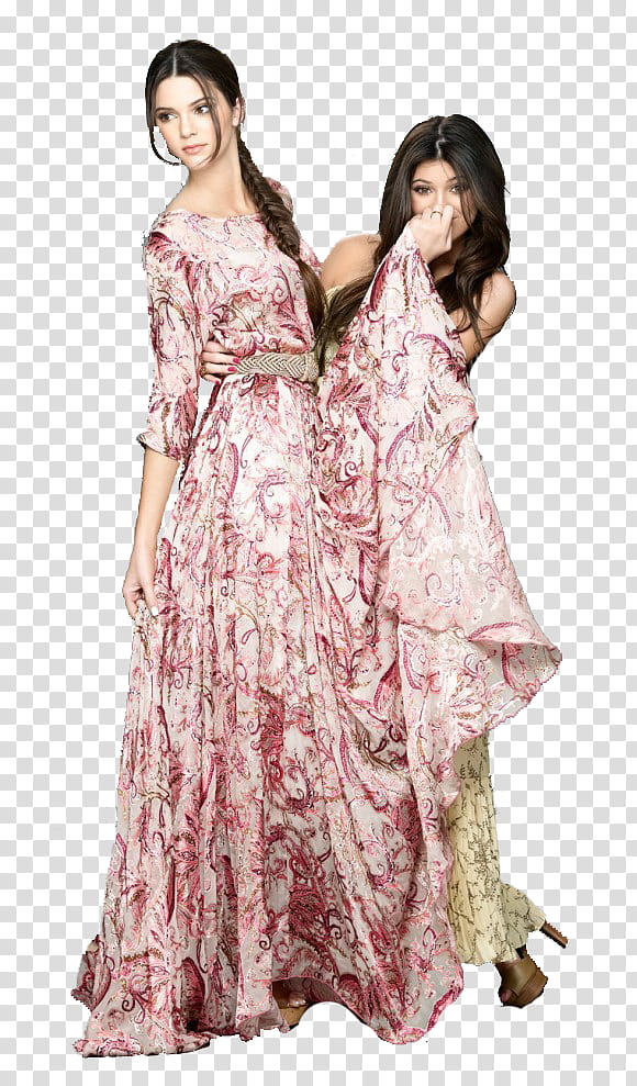 Kendall and Kylie Jenner, woman in red floral gown transparent background PNG clipart