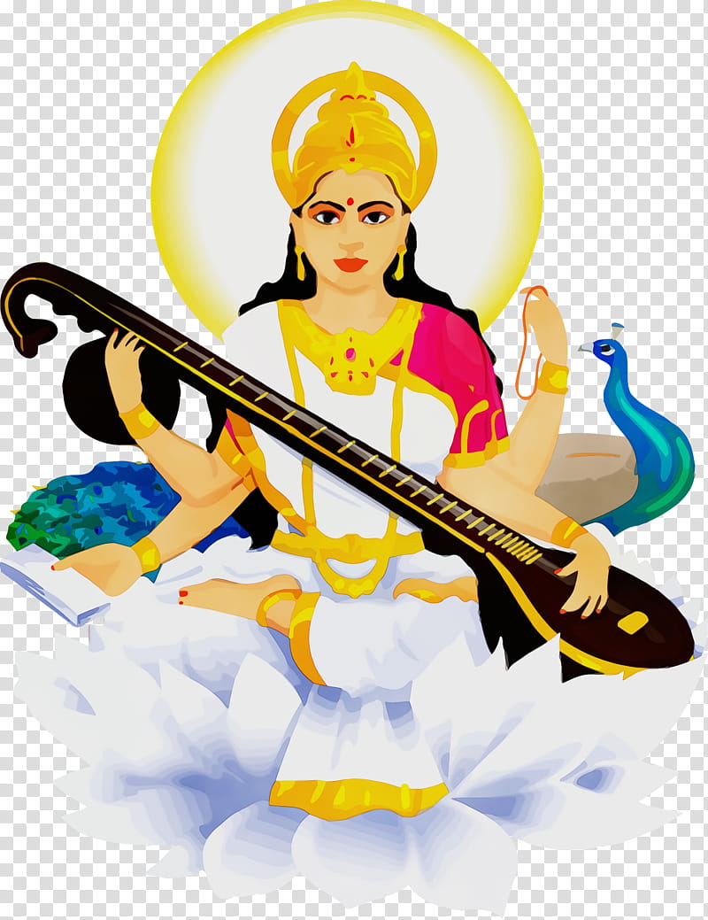 cartoon indian musical instruments musical instrument, Vasant Panchami, Basant Panchami, Saraswati Puja, Watercolor, Paint, Wet Ink, Cartoon transparent background PNG clipart