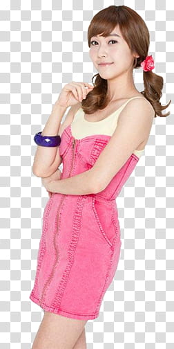Jessica, smiling woman wearing yellow and pink sleeveless minidress transparent background PNG clipart