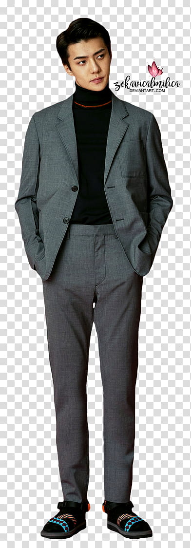 EXO Sehun l Optimum Thailand, man standing while wearing gray notched lapel and dress p transparent background PNG clipart