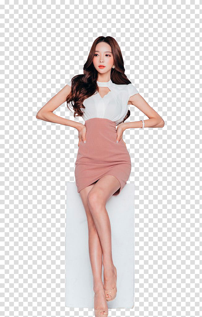 PARK SOO YEON, woman in white top and brown high-waist skirt sitting on white board transparent background PNG clipart