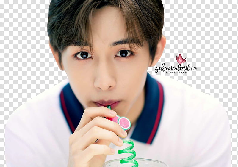 NCT Winwin Summer Vacation, man drinking from green swirly straw transparent background PNG clipart