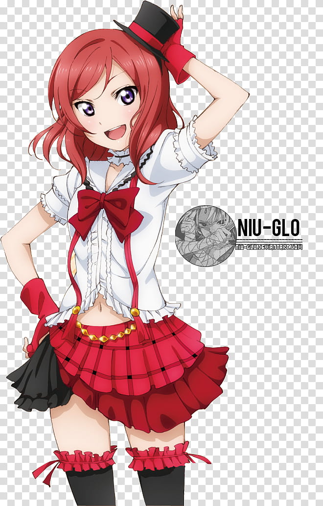 Nishikino Maki Love Live Render, female anime character wearing white top and red skirt illustration transparent background PNG clipart