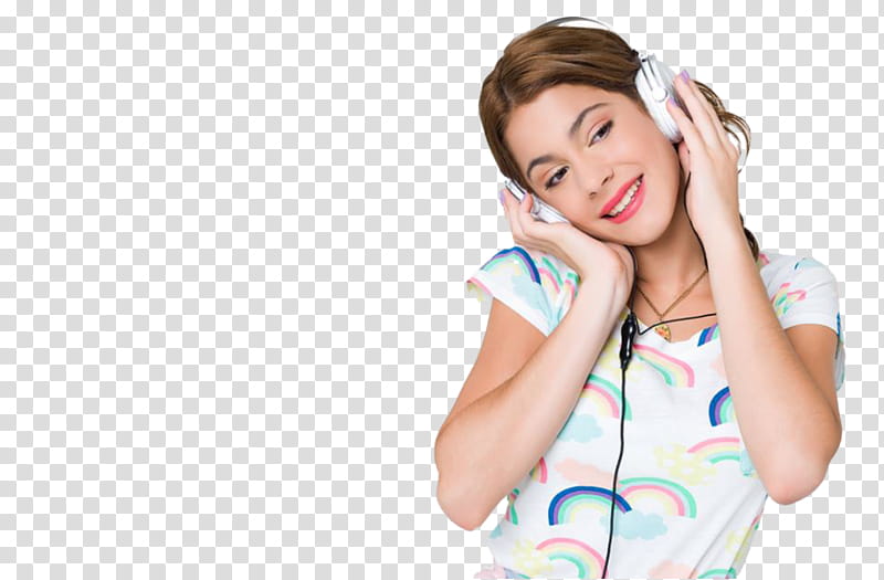 Violetta, woman in white multicolored rainbow print shirt using headphones transparent background PNG clipart