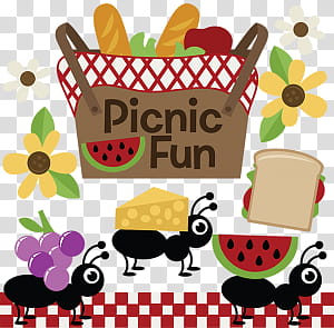 Summer , picnic fun-printed basket and three black ants with food illustration transparent background PNG clipart