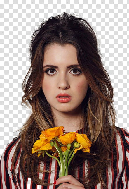 Laura Marano, woman holding black, white, and red pinstriped top holding orange flowers transparent background PNG clipart