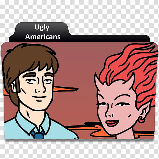 More TV Show folder icons, uglyamericans, male in blue collared and shirt and horned female illustration transparent background PNG clipart