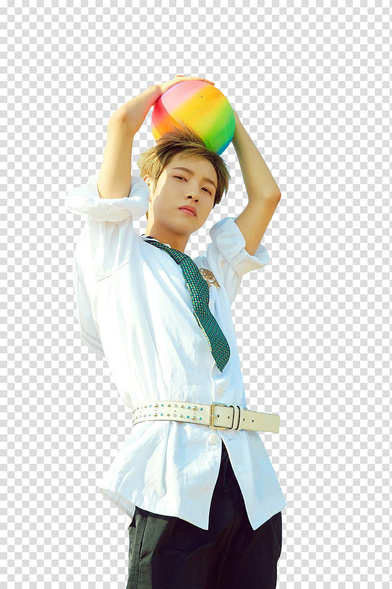 RENJUN NCT DREAM We Young, pink, yellow, and green ball on top of man's head transparent background PNG clipart