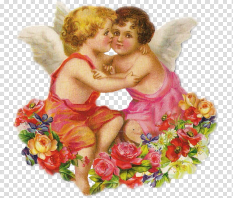 Vintage valentines clips, two cherub hugging painting transparent background PNG clipart