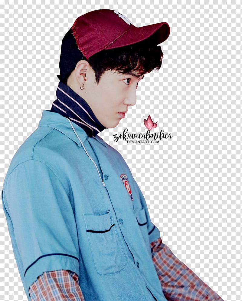 EXO Suho Lucky One, man wearing teal button-up dress shirt and red cap transparent background PNG clipart
