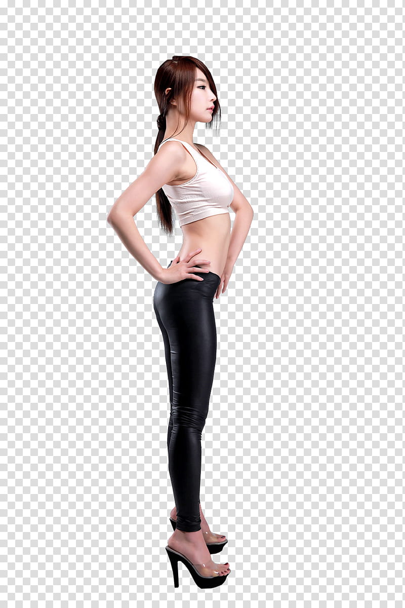 woman wearing white crop-top and black leggings transparent background PNG clipart