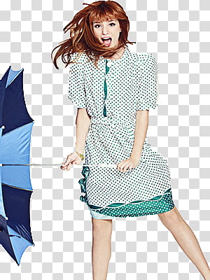 Bella Thorne, woman in green and white polka dot mini dress holding blue and navy blue umbrella transparent background PNG clipart