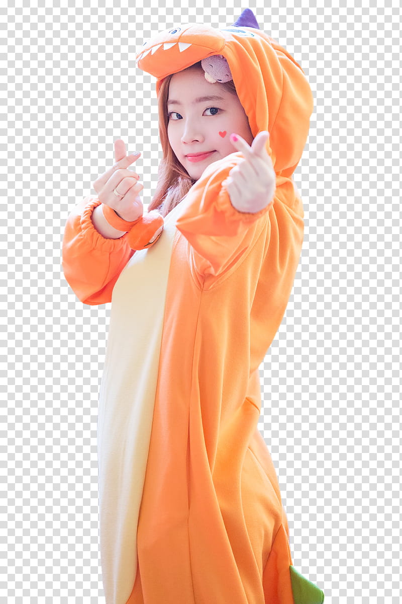 Dahyun TWICE, woman wearing orange animal costume transparent background PNG clipart