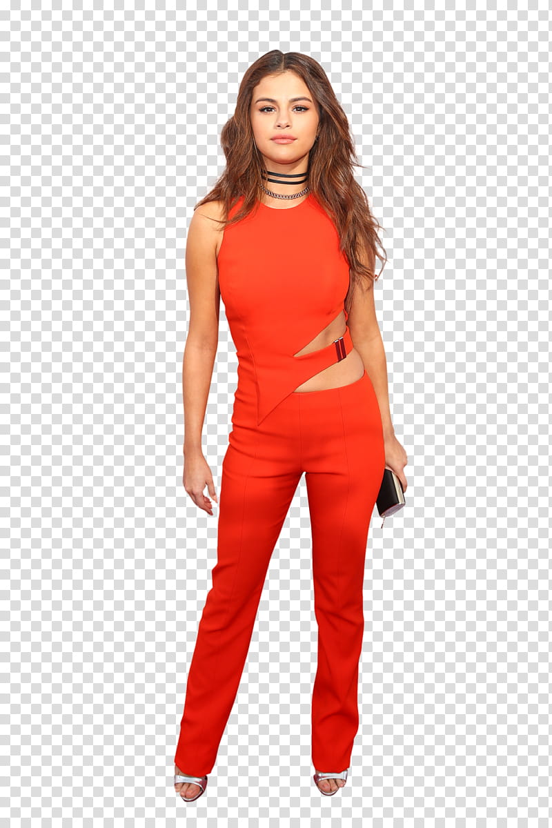Selena Gomez , standing woman wearing orange sleeveless jumpsuit transparent background PNG clipart