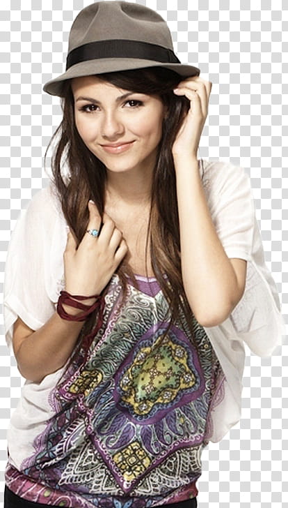 Victoria Justice, woman wearing gray and black pinched hat transparent background PNG clipart