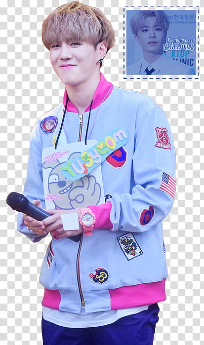 Mini Yugyeom GOT, smiling man wearing blue and pink zip-up jacket holding microphone transparent background PNG clipart