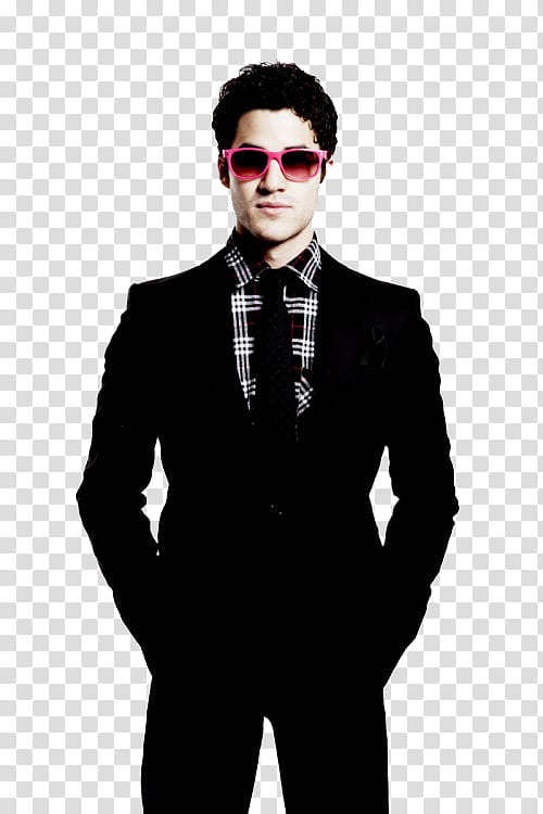 Darren criss, man wearing red Wayfarer-style sunglasses and suit transparent background PNG clipart