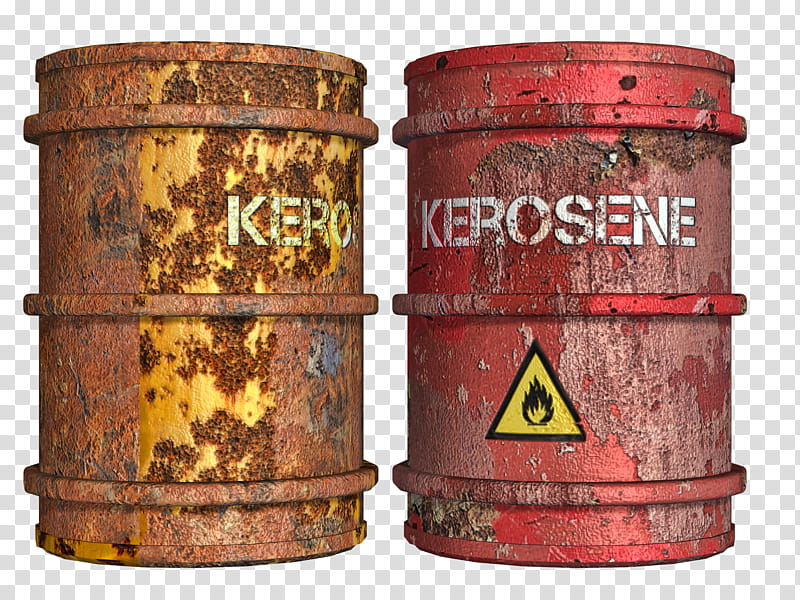 Rusty Oil Drums, two red and yellow kerosene drums transparent background PNG clipart