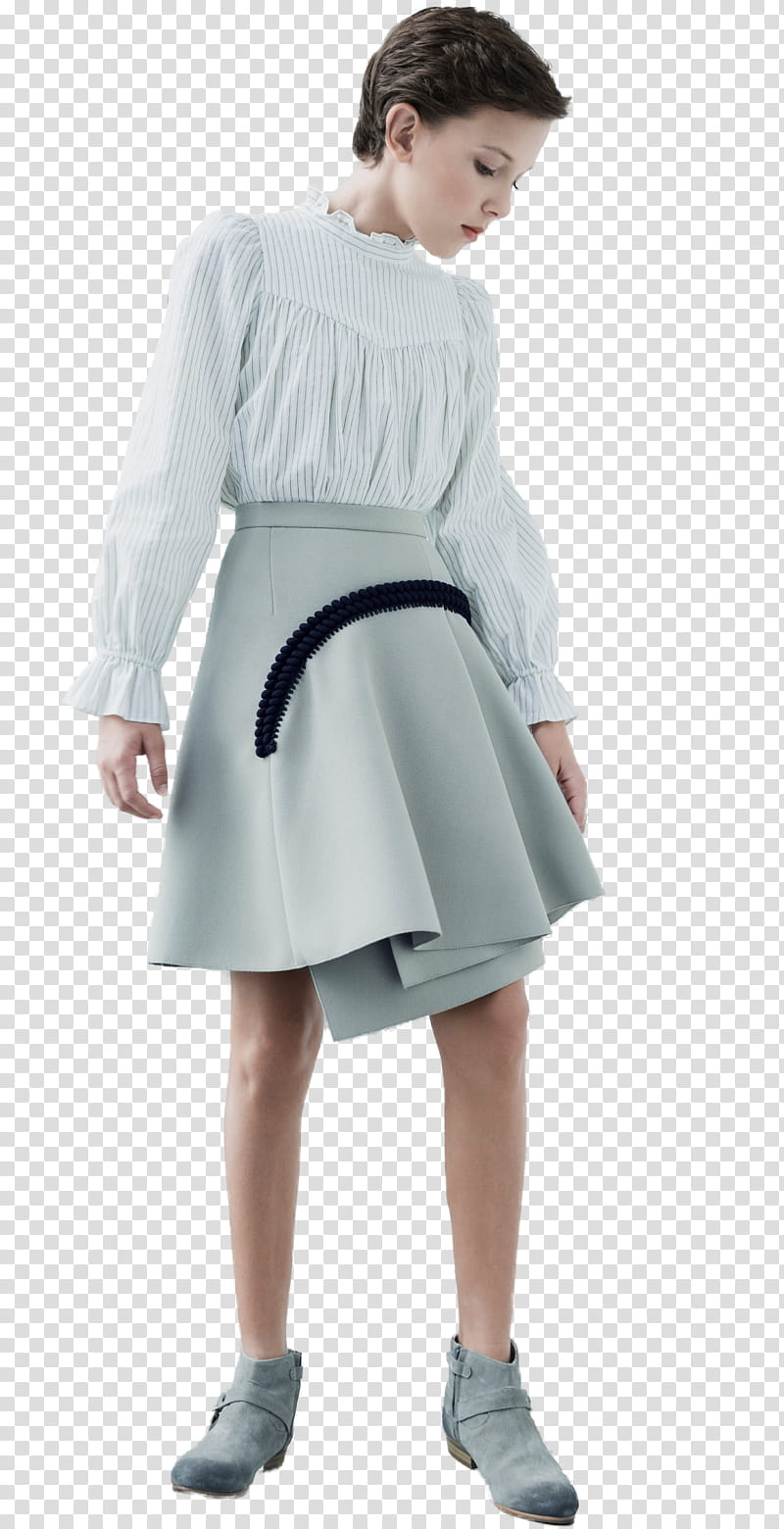Millie Bob, standing woman wearing white long-sleeved shirt and gray skirt transparent background PNG clipart