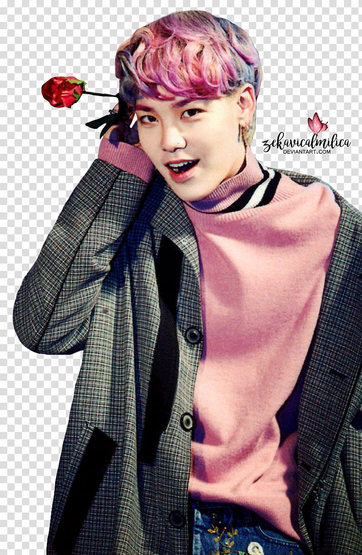 B A P Zelo Rose, purple haired man holding red rose flower on his right ear transparent background PNG clipart