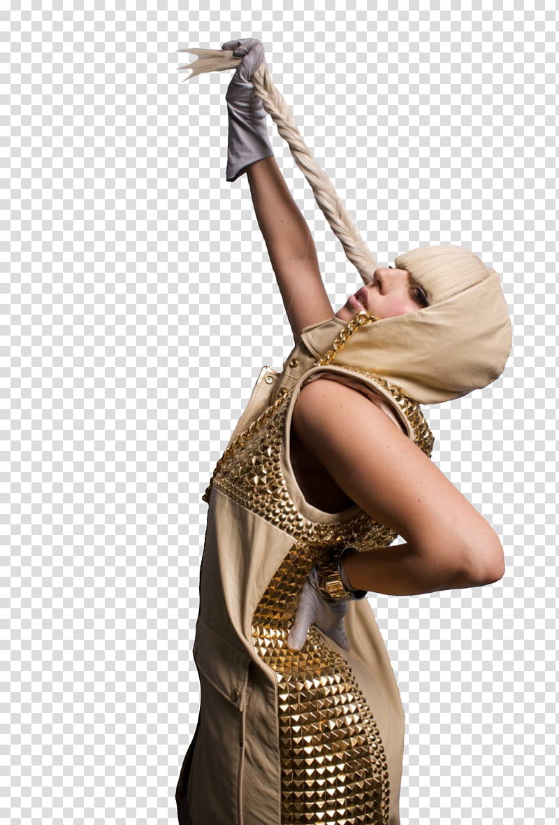 Lady Gaga , woman in brown and gold hooded suit pulling her hair upwards transparent background PNG clipart