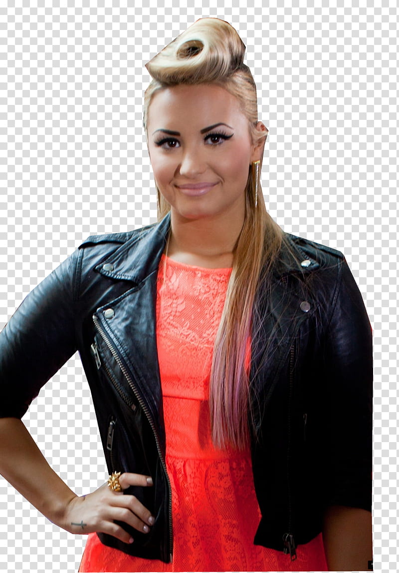 Demi Lovato , woman wearing leather jacket with right arm akimbo transparent background PNG clipart