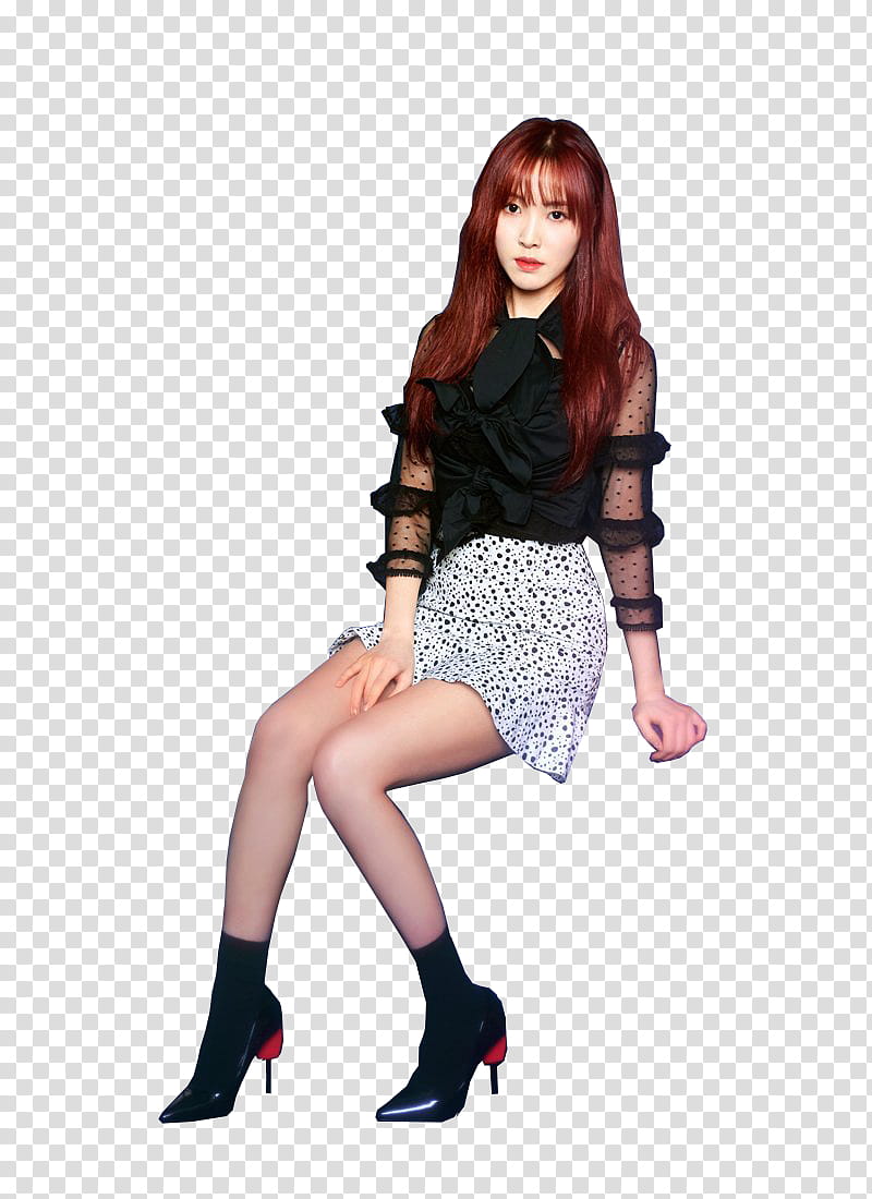 GFriend Time For The Moon Night, woman sitting on blue surface wearing black blouse and gray skirt transparent background PNG clipart