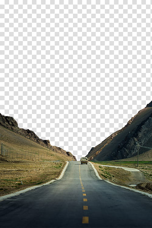 #, Beyond The Horizon, gray vehicle on gray concrete road beside green field viewing mountain transparent background PNG clipart
