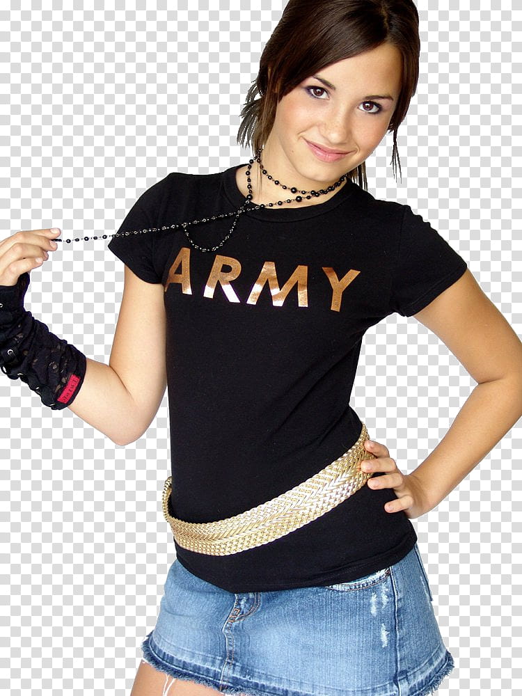 woman wears black army shirt and blue denim mini skirt transparent background PNG clipart