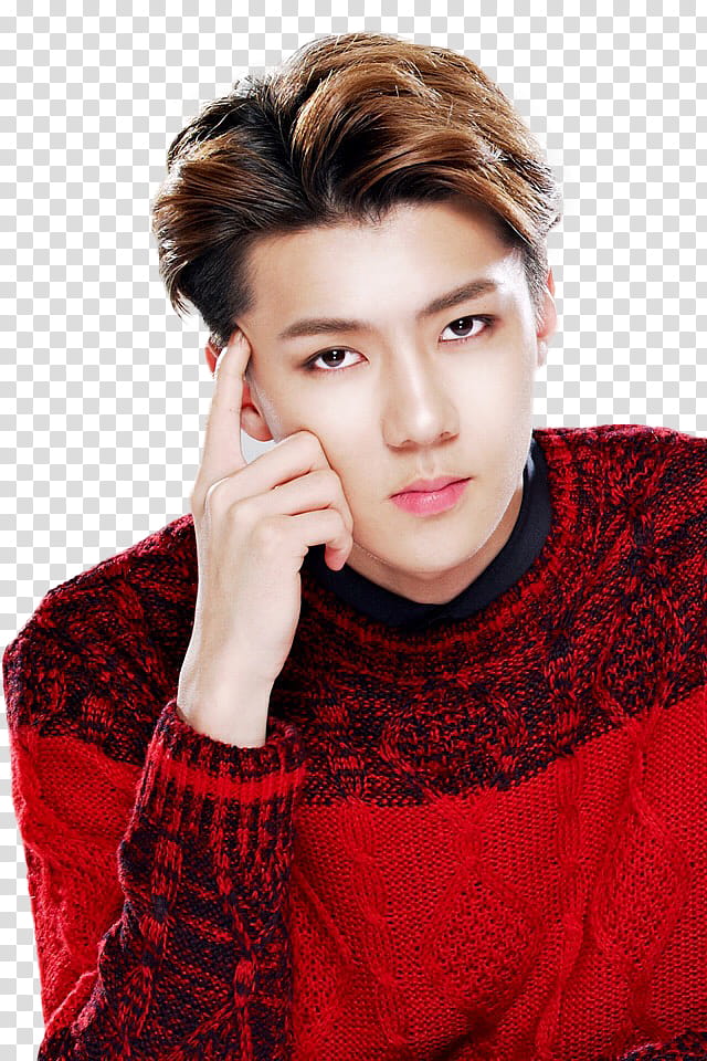 Sehun EXO, man in red sweater transparent background PNG clipart