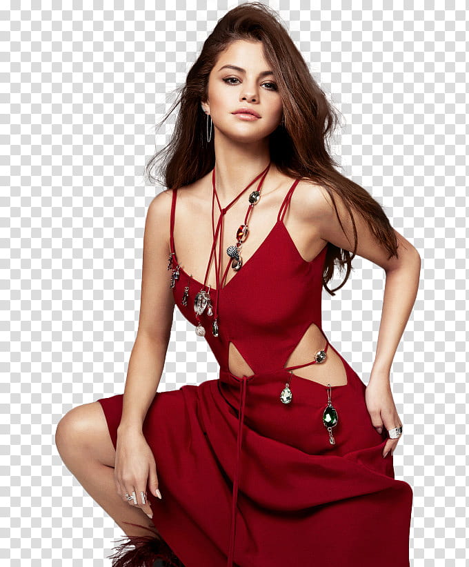 Selena Gomez, posing woman wearing red dress transparent background PNG clipart
