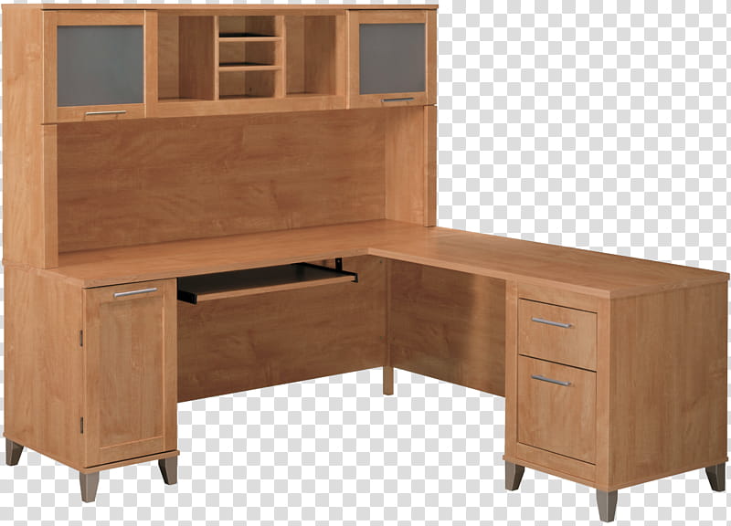 L-shape brown wooden desk with hutch transparent background PNG clipart
