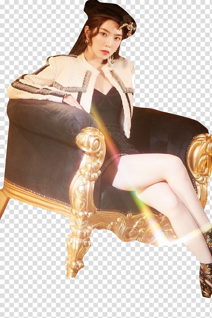 woman in mini dress and blazer sitting on black and gold sofa chair transparent background PNG clipart