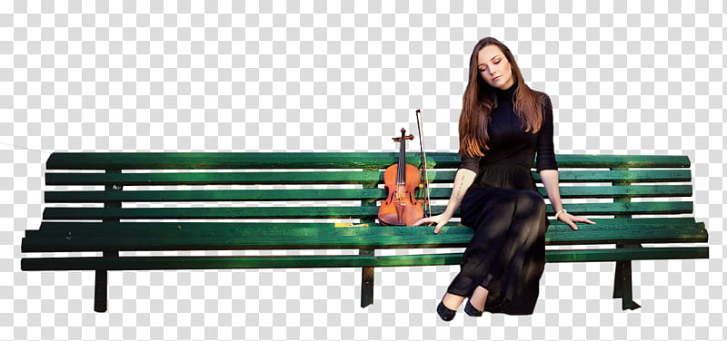 woman sitting on green wooden bench beside violin transparent background PNG clipart