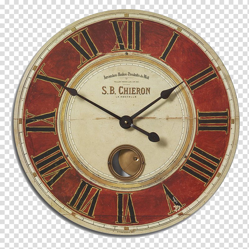 clock, round beige and red analog wall clock showing at : transparent background PNG clipart