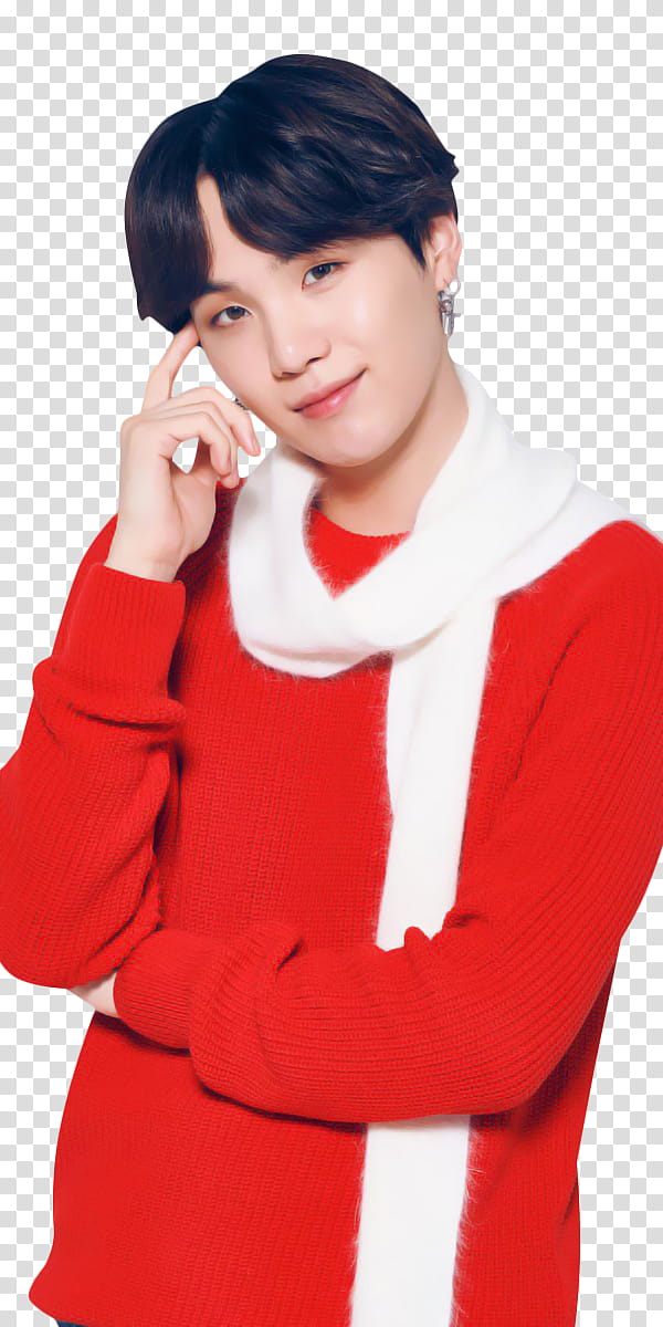 BTS BTS X LG MERRY CHRISTMAS, man wearing red sweat shirt with white scarf transparent background PNG clipart