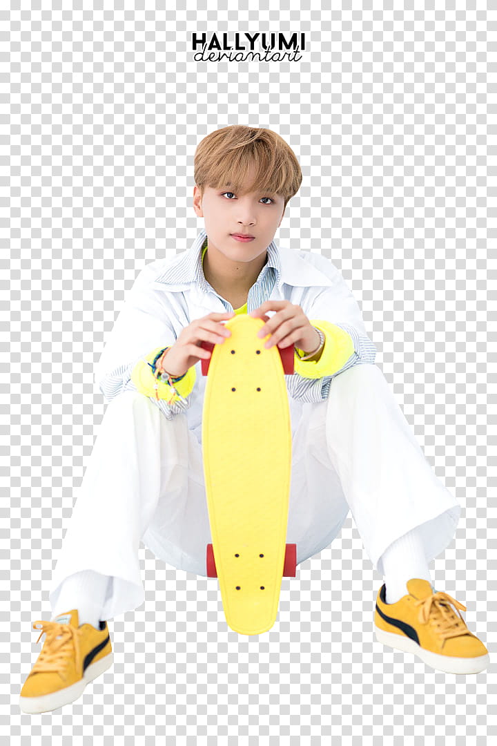 Haechan, man sitting while holding yellow skateboard transparent background PNG clipart