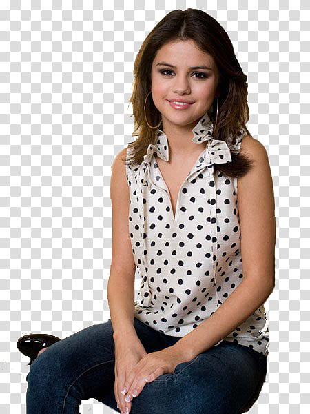 Selena Gomez wearing white and black polka-dot sleeveless top transparent background PNG clipart