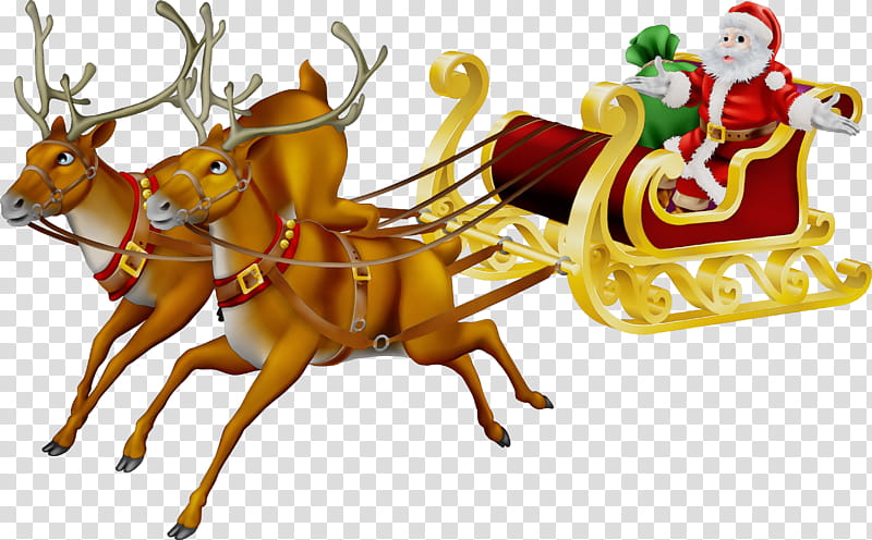 Santa claus, Watercolor, Paint, Wet Ink, Reindeer, Vehicle, Chariot, Sled transparent background PNG clipart