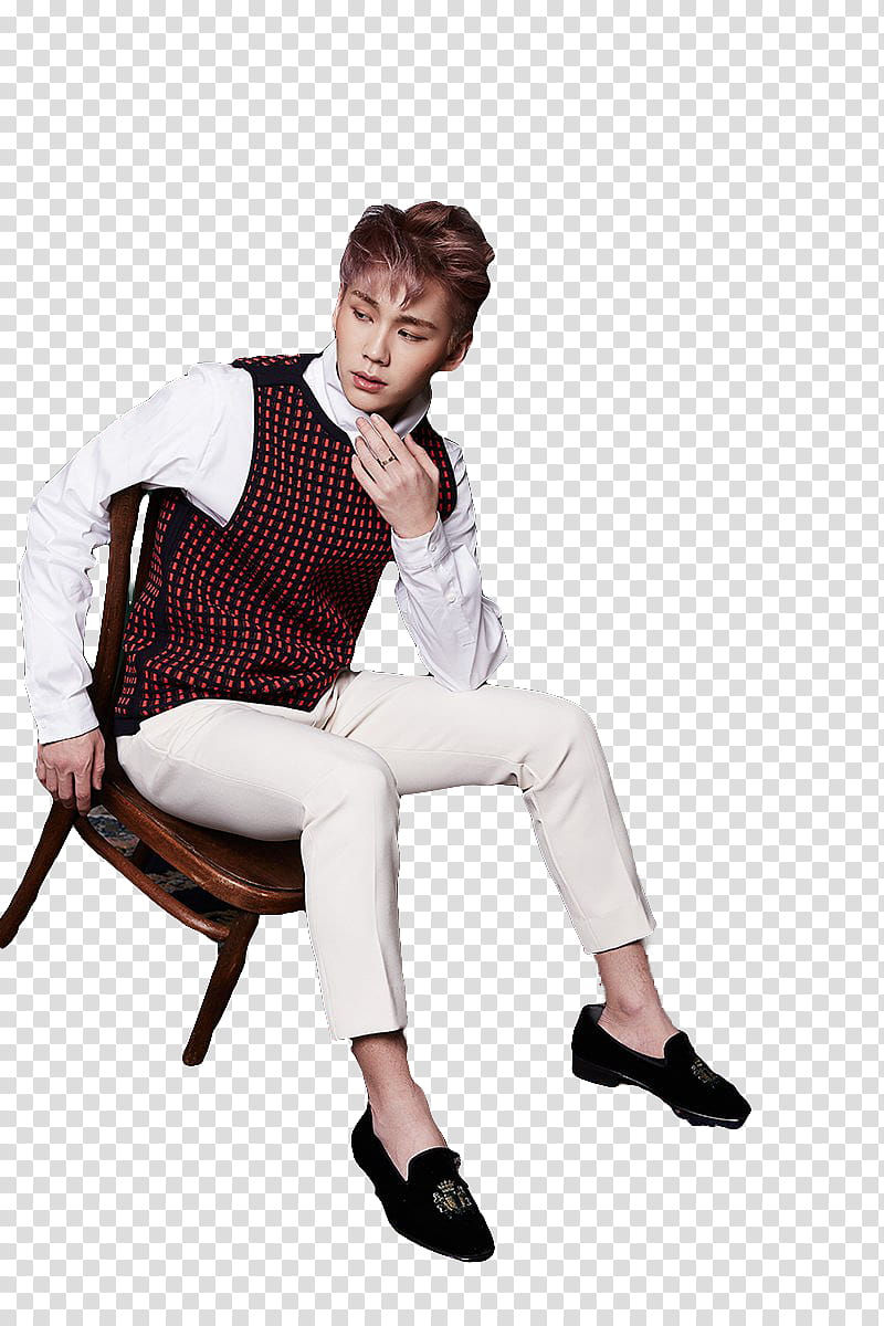 BTOB Feel eM, man sitting on chair while holding his neckline transparent background PNG clipart