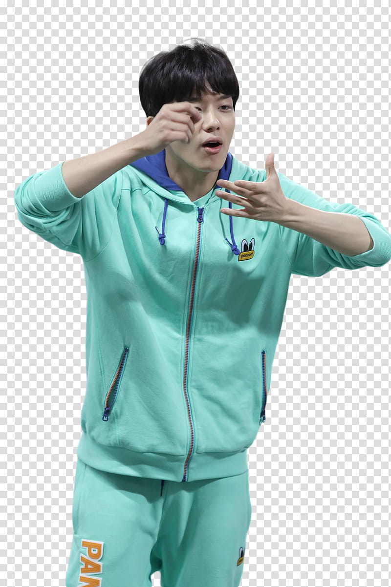 YoungJae B A P , standing man wearing teal tracksuit gestured eating transparent background PNG clipart