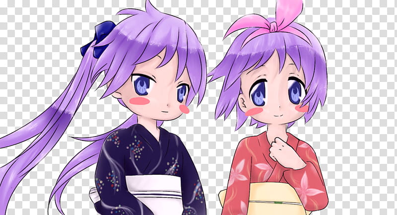 Kagami and Tsukasa Yukata, two female purple-haired character wearing dresses illustration transparent background PNG clipart