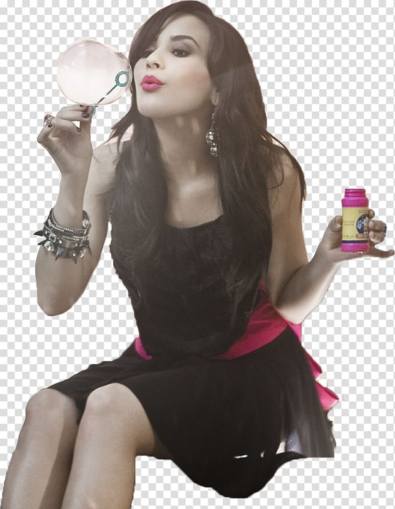 woman wearing black sleeveless dress blowing water bubbles transparent background PNG clipart
