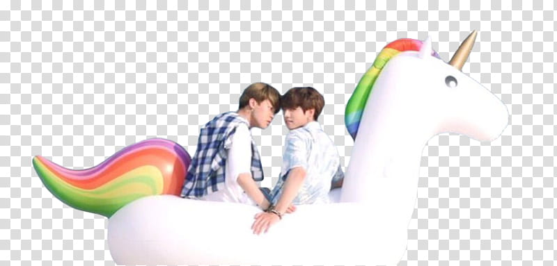 Jikook Summer age BTS, two men on unicorn floater transparent background PNG clipart