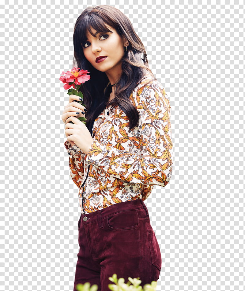 Victoria Justice, woman holding red flower transparent background PNG clipart