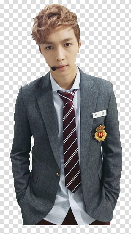 EXO MEGA, man wearing gray suit jacket and red striped necktie transparent background PNG clipart